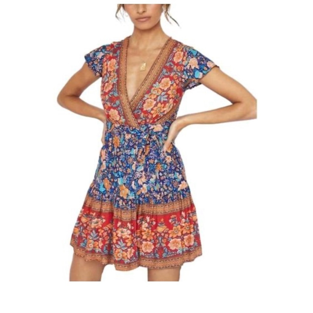 Floral V-Neck Dress - Blue and Red